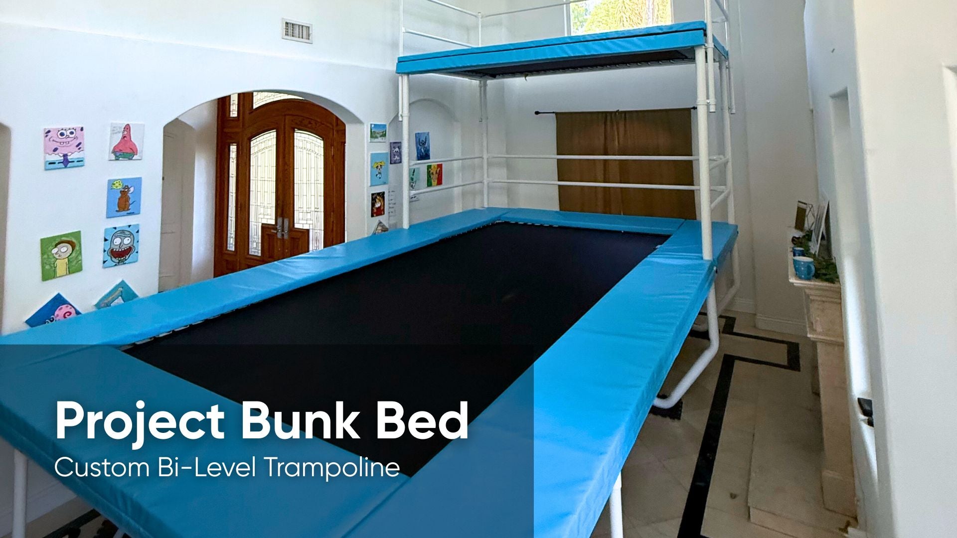 Custom bi-level trampoline with bunk bed design in a room setting.