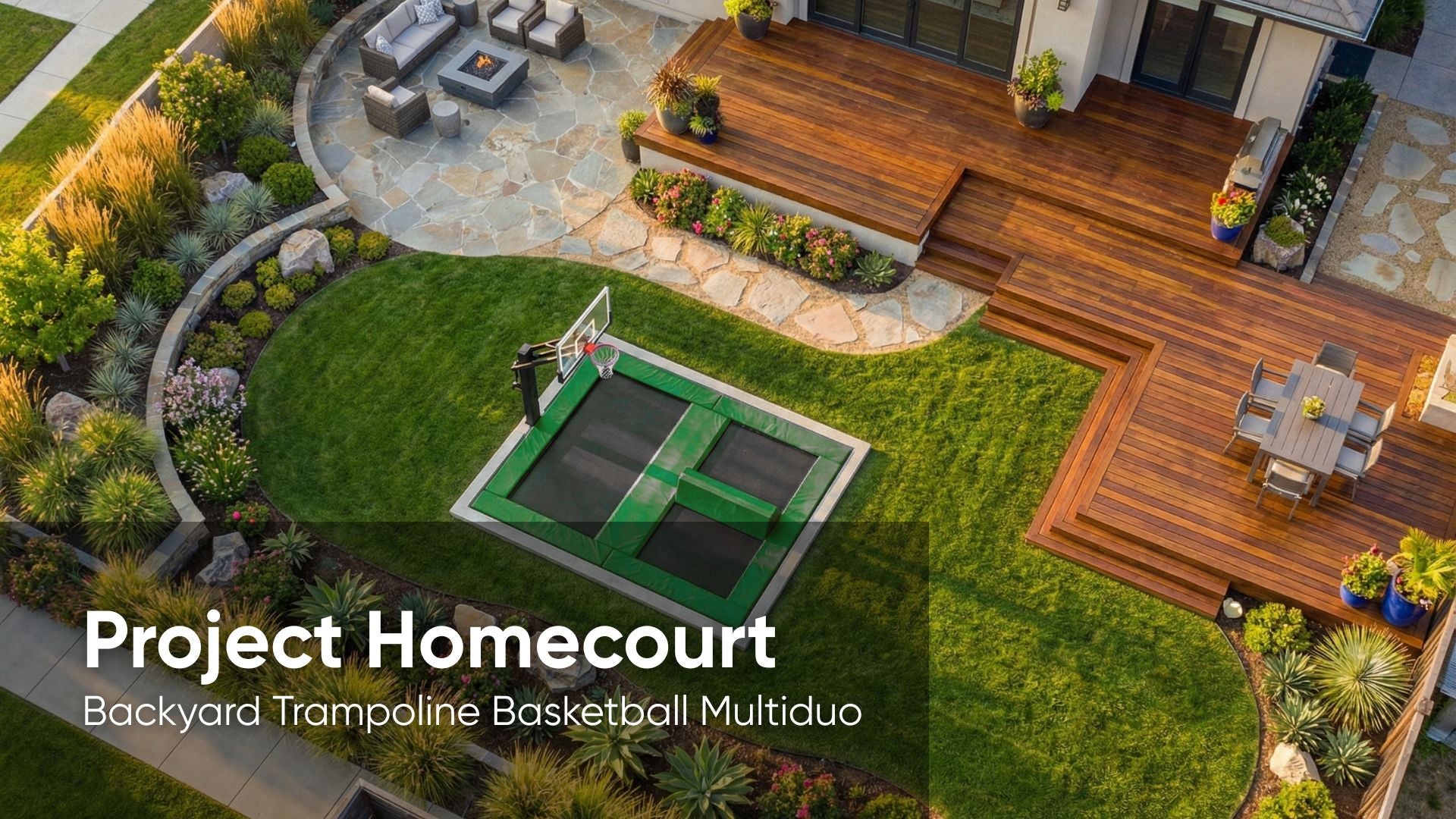 Backyard with trampoline and basketball hoop, labeled 'Project Homecourt'.
