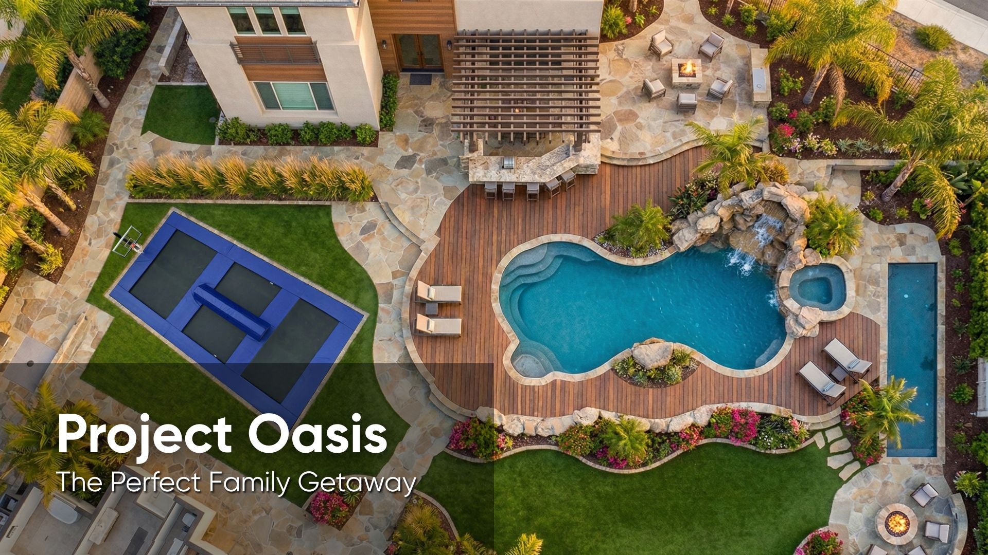 Aerial view of a luxurious backyard with a pool and outdoor furniture, featuring a backyard trampoline park.